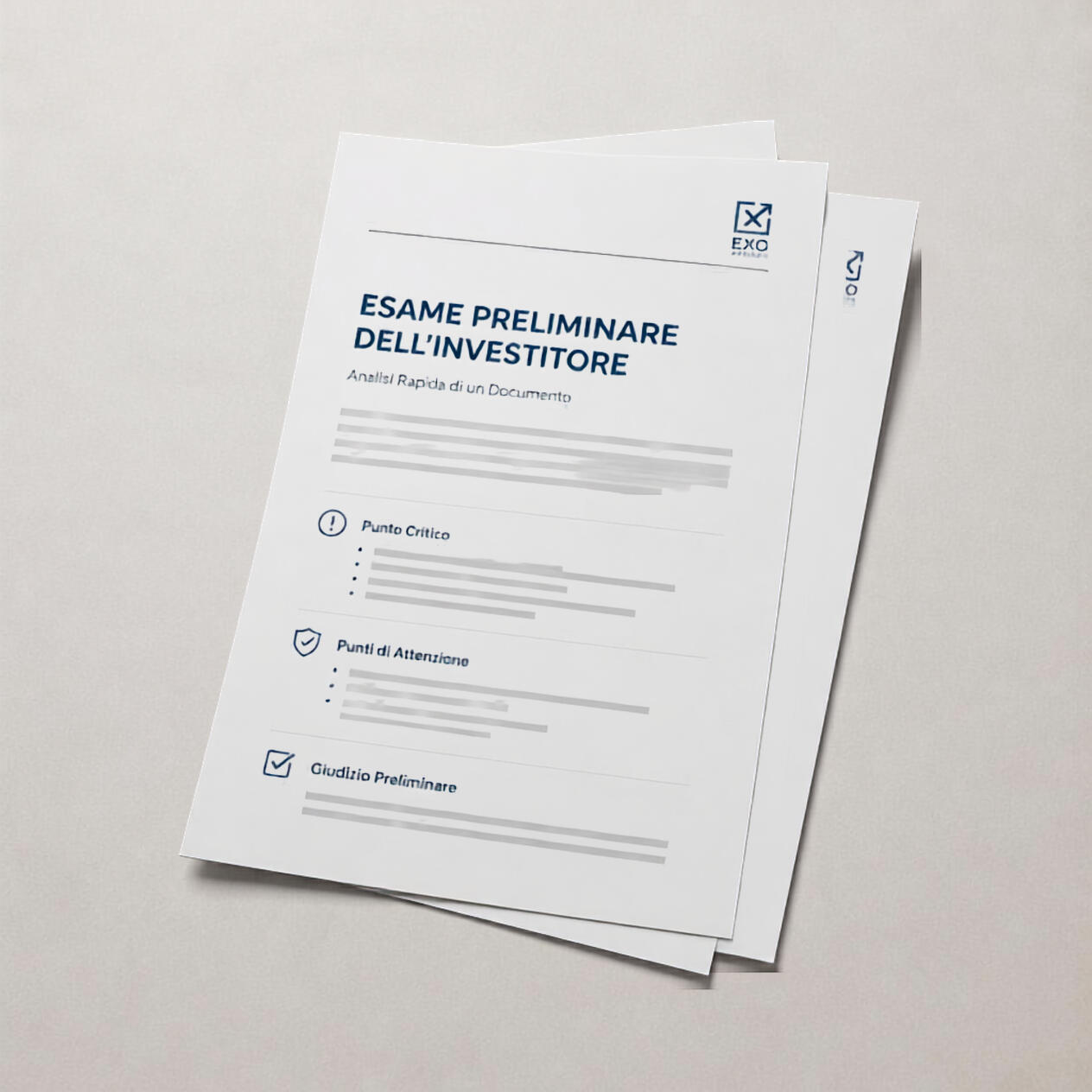Memo Esame Preliminare dell'Investitore di Exo Progetti: due fogli con punti critici, punti di attenzione e giudizio preliminare Esame Preliminare dell’Investitore di Exo Progetti: memo con criticità e giudizio preliminare